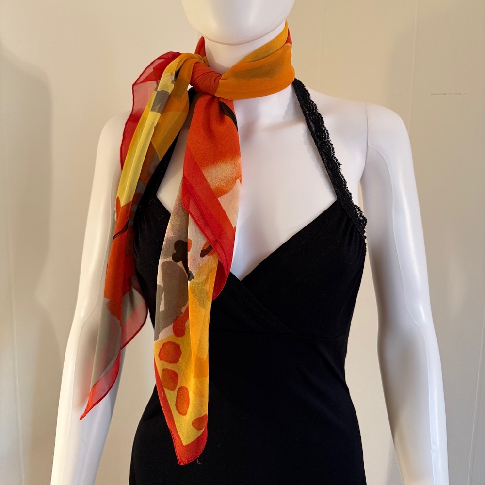 Square Silk Scarf, Red Orange Yellow Black, Abstract Floral Cheetah